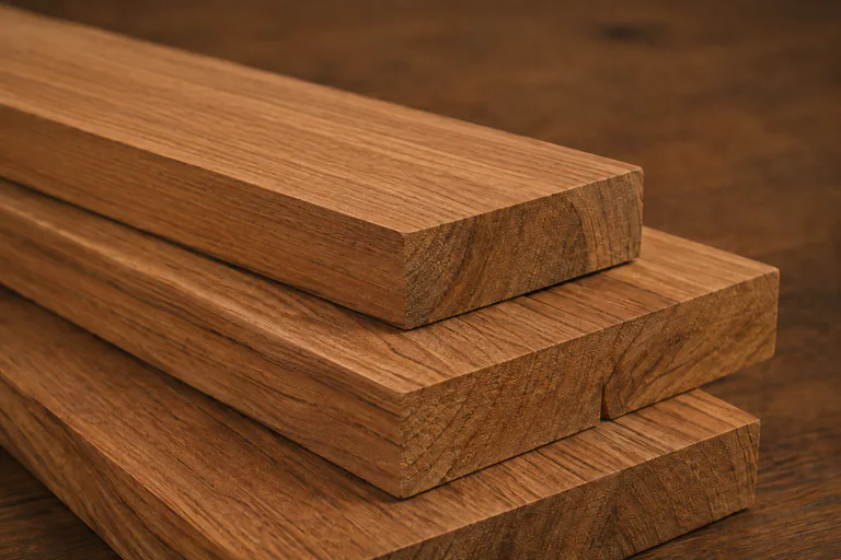 Premium dimensional teak boards with warm golden-brown grain and square-cut faces