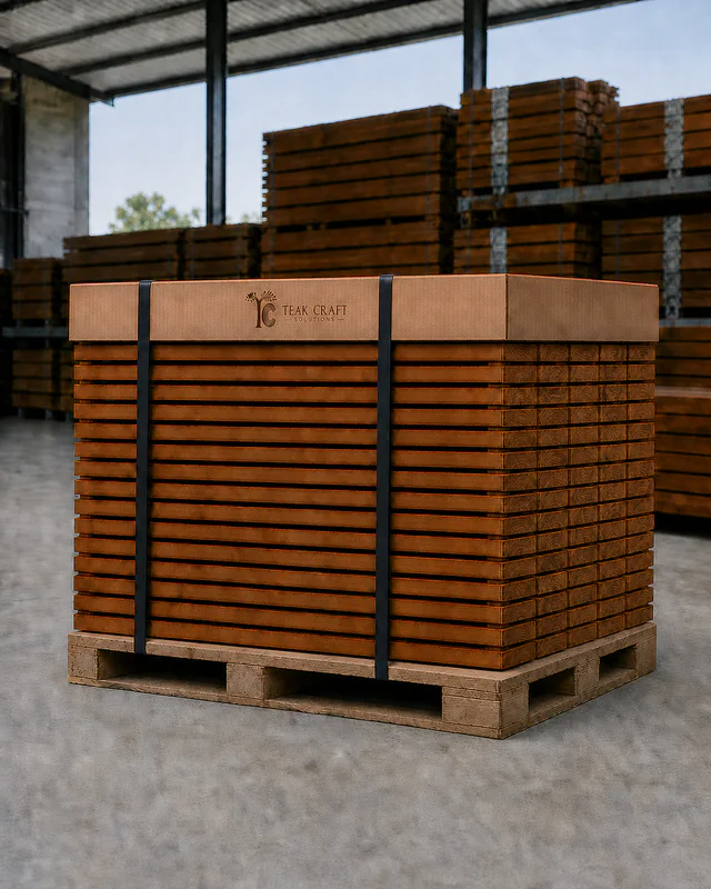 A pallet of 80 thin teak slats arranged in 16 layers of 5 slats, showing visible natural end grain, wooden spacers, and branded kraft edging