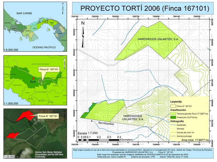 Land-use map of farm 167101, Proyecto Tortí 2006, showing teak plantation blocks in light green and a protection area in dark green, with 1 m contour lines, streams and the access easement, plus locator insets for Panama and the Tortí area.