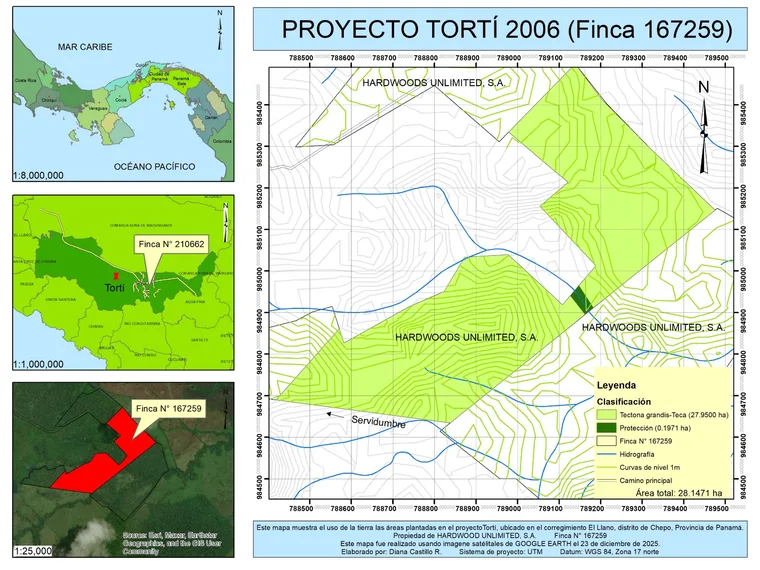 Land-use map of farm 167259, Proyecto Tortí 2006, showing two teak plantation blocks and a small protection area at the stream crossing, with 1 m contour lines, hydrography and the access easement.