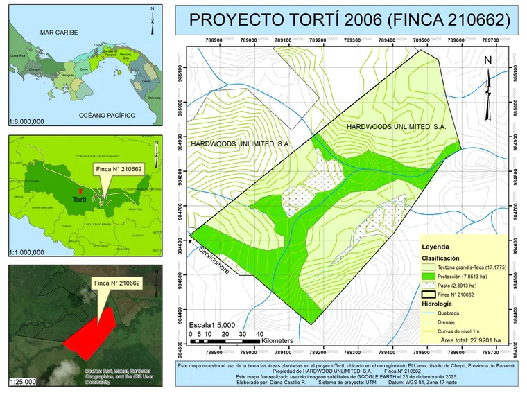 Land-use map of farm 210662, Proyecto Tortí 2006, showing teak plantation, a large protection corridor following the stream through the centre of the property, and pasture parcels, with 1 m contour lines and the access easement.